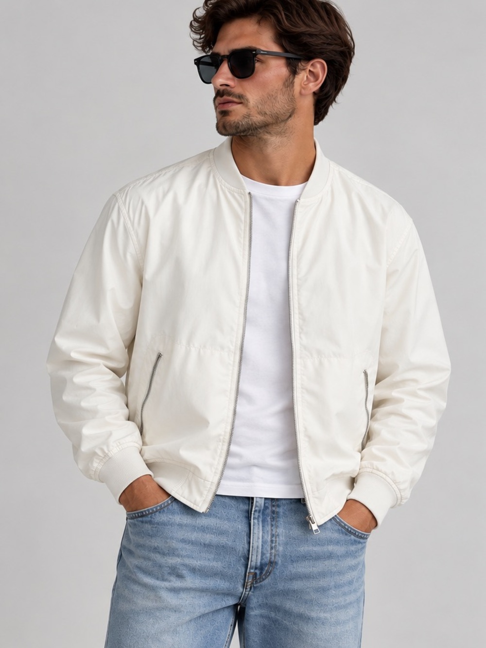 Pull&Bear Men's Cream White Bomber Jacket